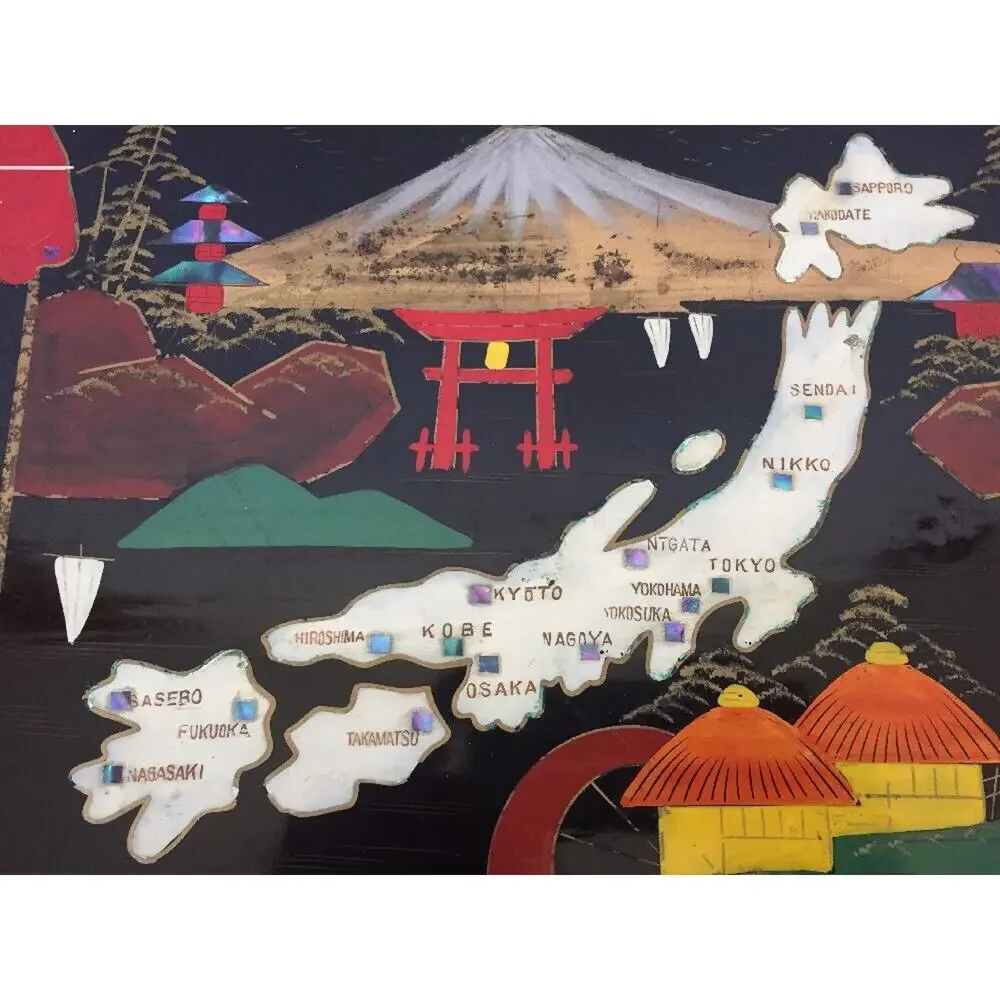 Vtg WWII Era Japanese Black Lacquer Mother Of Pearl Inlay Painted Photo Album
